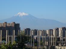Buildings in Yerevan and Mount Ararat (February 2007)